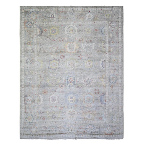 Cloud Gray, Hand Knotted Afghan Angora Oushak with Colorful Motifs, Natural Dyes Pure Wool, Oriental 
