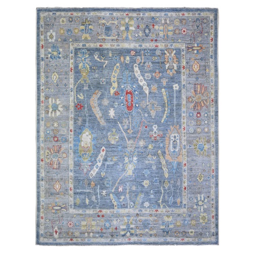 Steel Blue, Soft Wool Hand Knotted, Afghan Angora Oushak with Colorful Motifs Vegetable Dyes, Oriental 