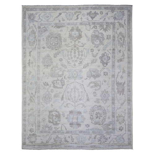 Ivory, Hand Knotted Afghan Angora Oushak All Over Design with Large Motifs, Natural Dyes Pure Wool, Oriental 
