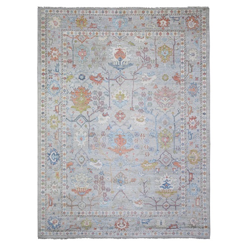 Gray, Soft Wool Hand Knotted, Afghan Angora Oushak with Trees and Flower Design Vegetable Dyes, Oriental 