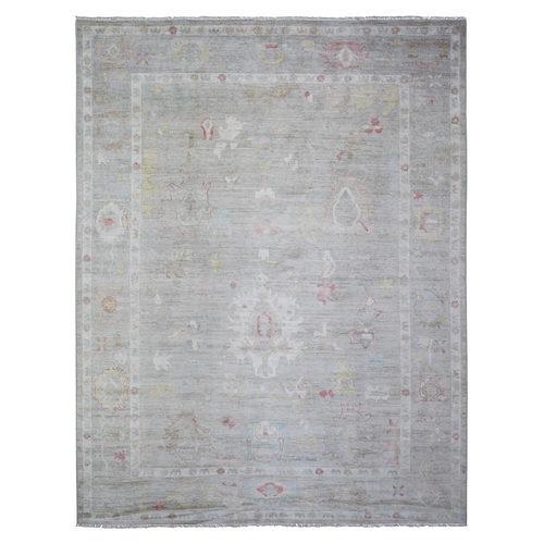 Cloud Gray, Pure Wool Hand Knotted, Afghan Angora Oushak with Obscured Motifs Vegetable Dyes, Oriental Rug