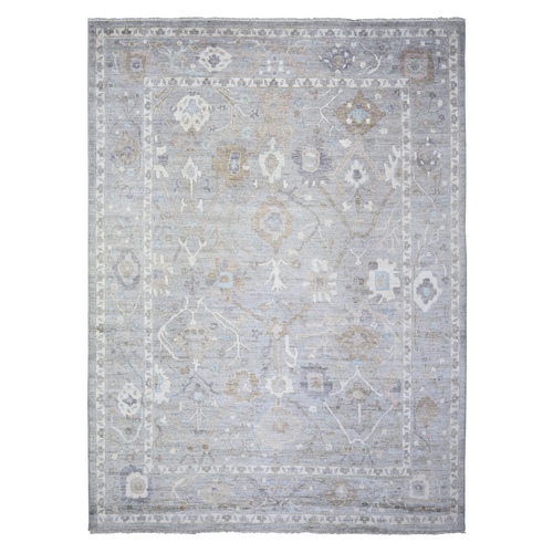 Gray, Natural Dyes Soft Wool, Hand Knotted Afghan Angora Oushak with All Over Design, Oriental 