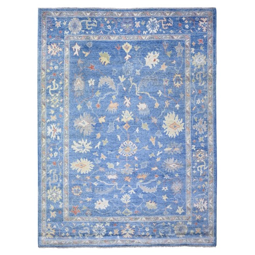 Steel Blue, Afghan Angora Oushak with Colorful Motifs Vegetable Dyes, Extra Soft Wool Hand Knotted, Oriental Rug