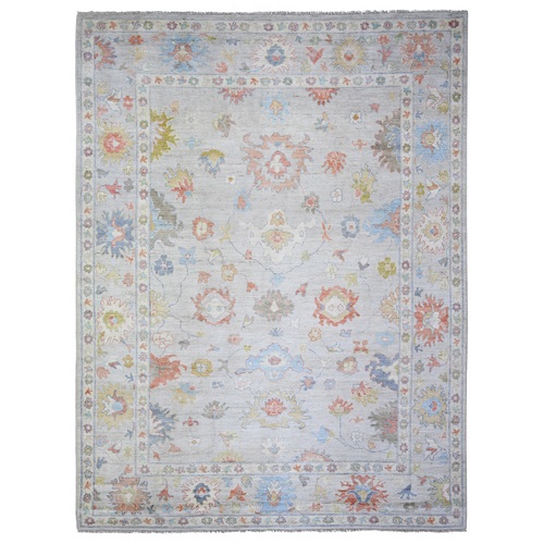Cloud Gray, Afghan Angora Oushak with Colorful Motifs Natural Dyes, Organic Wool Hand Knotted, Oriental Rug
