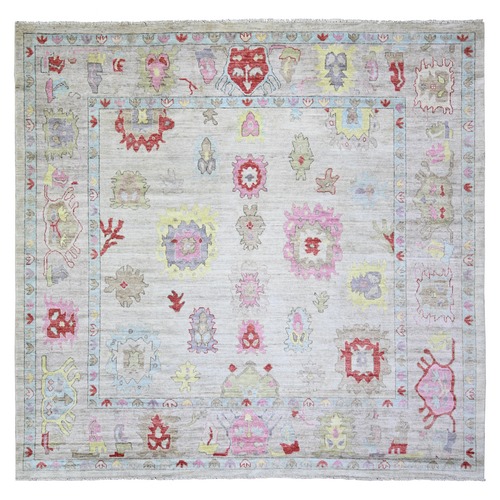 Cloud Gray, Afghan Angora Oushak with Colorful Pattern Vegetable Dyes, Natural Wool Hand Knotted, Square Oriental Rug