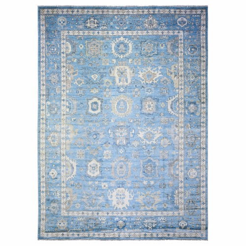 Powder Blue, Hand Knotted Afghan Angora Oushak with Tribal Medallions, Natural Dyes Pure Wool, Oriental 