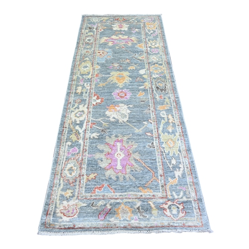 Cadet Gray, Afghan Angora Oushak with Colorful Motifs Natural Dyes, Extra Soft Wool Hand Knotted, Runner Oriental Rug
