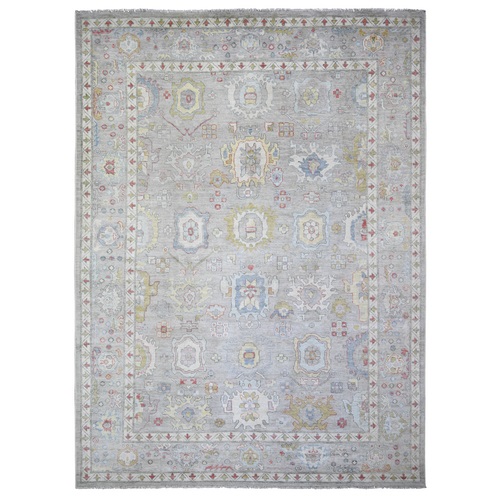 Cloud Gray, Organic Wool Hand Knotted, Afghan Angora Oushak with Tribal Elements Vegetable Dyes, Oriental Rug