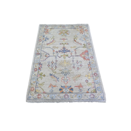 Light Gray, Afghan Angora Oushak with Colorful Motifs Vegetable Dyes, Natural Wool Hand Knotted, Oriental Rug