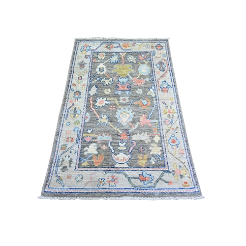 Wolf Gray, Afghan Angora Oushak with Colorful Pattern Vegetable Dyes, Organic Wool Hand Knotted, Oriental Rug