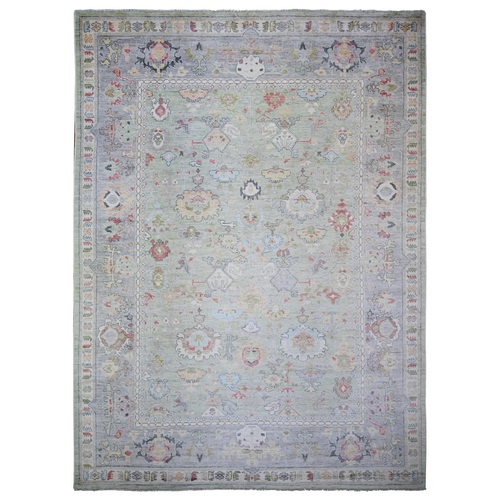 Pistachio Green, Afghan Angora Oushak with Floral Motifs, Vegetable Dyes, Extra Soft Wool, Hand Knotted, Oversized Oriental Rug