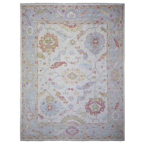 Ivory, Soft Wool Hand Knotted, Afghan Angora Oushak with All Over Colorful Motif Natural Dyes, Oversized Oriental Rug