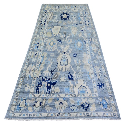 Blue Gray, Afghan Angora Oushak with All Over Leaf Design, Vegetable Dyes, Organic Wool, Hand Knotted, Wide Runner Oriental 
