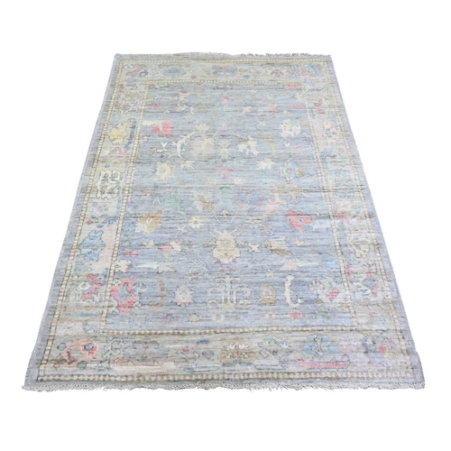 Blue Gray, Afghan Angora Oushak with Floral Motifs, Vegetable Dyes, Pure Wool, Hand Knotted Oriental Rug