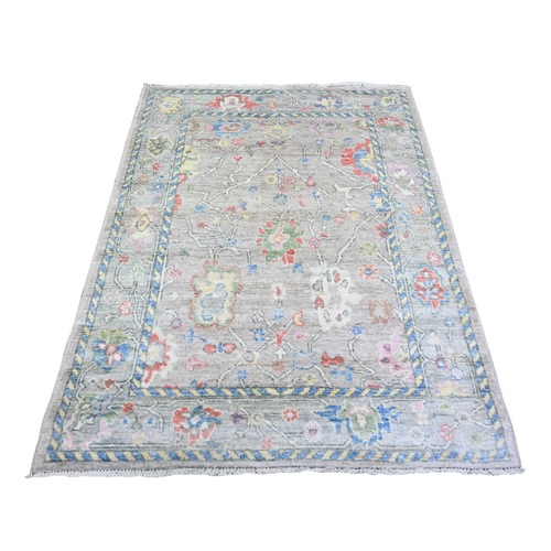 Gray, Afghan Angora Oushak with Floral Motifs, Vegetable Dyes, Pure Wool, Hand Knotted Oriental Rug