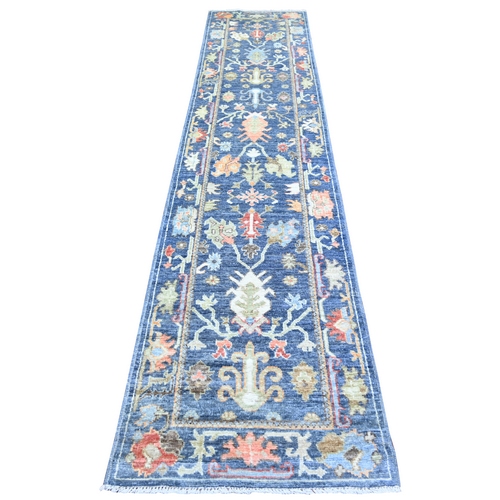 Pewter Blue, Pure Wool Hand Knotted, Afghan Angora Oushak with Colorful Motifs Vegetable Dyes, Runner Oriental 