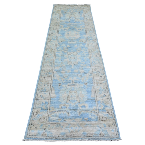 Little Boy Blue, Hand Knotted Afghan Angora Oushak with Soft Colors, Natural Dyes Pure Wool, Runner Oriental Rug