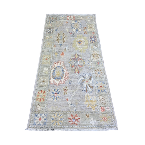 Cloud Gray, Afghan Angora Oushak with Colorful Motifs Vegetable Dyes, Extra Soft Wool Hand Knotted, Runner Oriental 
