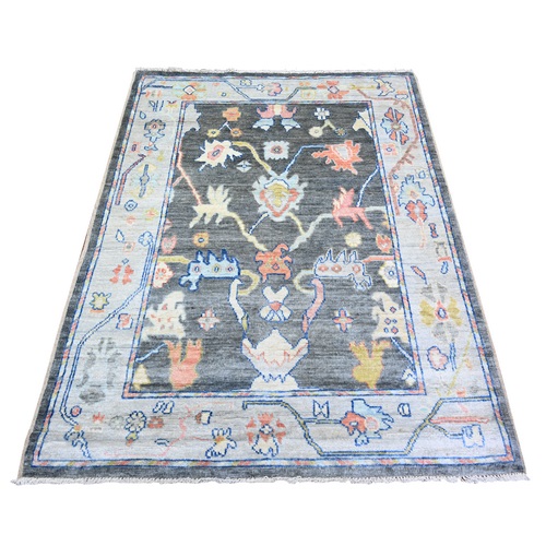Jet Gray, Natural Wool Hand Knotted, Afghan Angora Oushak with Colorful Vines Design Vegetable Dyes, Oriental Rug