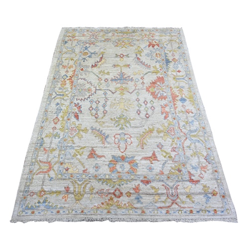 Gainsboro Gray, Natural Dyes Pure Wool, Hand Knotted Afghan Angora Oushak with Colorful Motifs, Oriental Rug