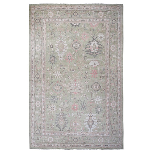 Gin Green, Afghan Angora Oushak Natural Dyes, Extra Soft Wool Hand Knotted, Oversized Oriental Rug