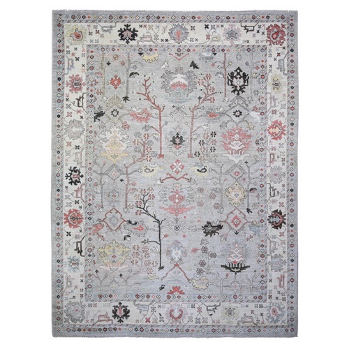 Cloud Gray, Hand Knotted Afghan Angora Oushak with Trees and Motifs, Natural Dyes Natural Wool, Oriental Rug