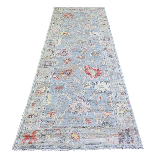 Sky Blue, Natural Dyes Soft Wool, Hand Knotted Afghan Angora Oushak with Soft Colors, Wide Runner Oriental Rug