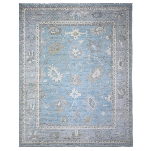 Beau Blue, Soft Wool Hand Knotted, Afghan Angora Oushak with Obscured Motifs Vegetable Dyes, Oversized Oriental Rug