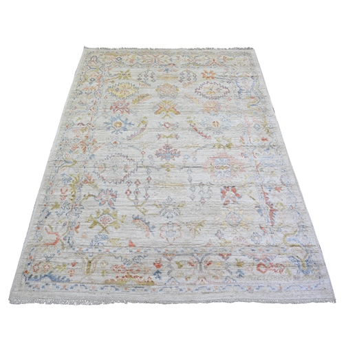 Goose Gray, Afghan Angora Oushak with Colorful Pattern Natural Dyes, Organic Wool Hand Knotted, Oriental Rug