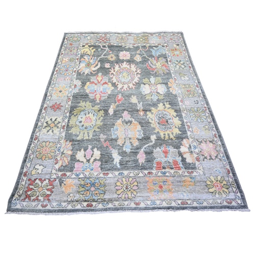 Nickel Gray, Afghan Angora Oushak with Colorful Motifs Natural Dyes, Pure Wool Hand Knotted, Oriental 