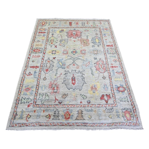 Cream Color, Afghan Angora Oushak with Colorful Leaf Design, Vegetable Dyes, Pure Wool Hand Knotted, Oriental Rug