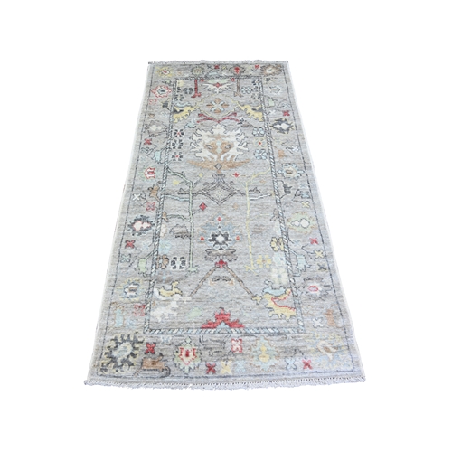 Cloud Gray, Organic Wool Hand Knotted, Afghan Angora Oushak with Vines and Floral Pattern Natural Dyes, Runner Oriental 