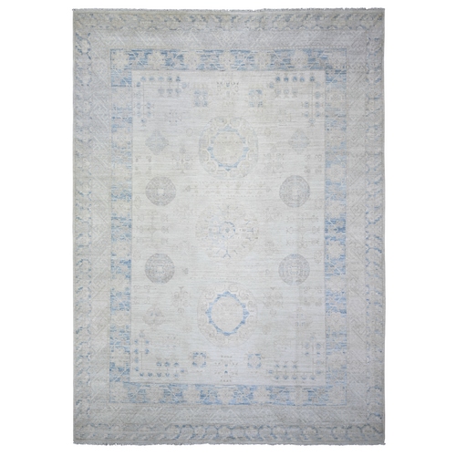 Goose Gray, Organic Wool Hand Knotted, Stone Washed Peshawar with Khotan Design Heavily Washed, Oriental Rug