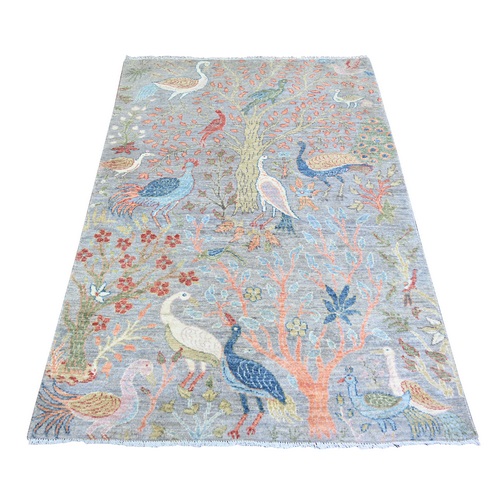 Cadet Gray, Natural Dyes Extra Soft Wool, Hand Knotted Afghan Peshawar with Birds of Paradise, Oriental Rug