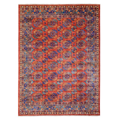 Prismatic Legacy Red, 100% Natural Wool Hand Knotted, Afghan Ersari with Elephant Feet Design, Soft and Lush Pile Natural Dyes, Oriental Rug