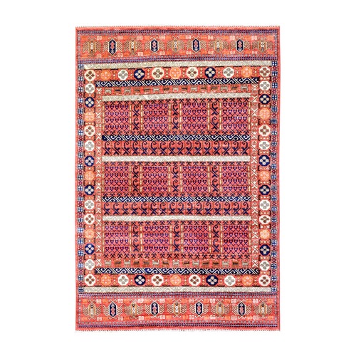 Prismatic Red, Vegetable Dyes Pure Wool, Hand Knotted Afghan Ersari with Hutchlu Design, Soft and Lush Pile, Oriental Rug