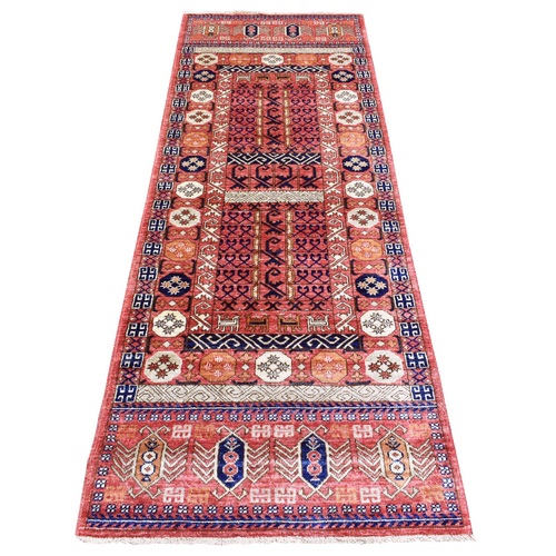 Prismatic Red, Afghan Ersari with Hutchlu Design, Soft and Lush Pile Natural Dyes, Shiny Wool Hand Knotted, Runner Oriental Rug