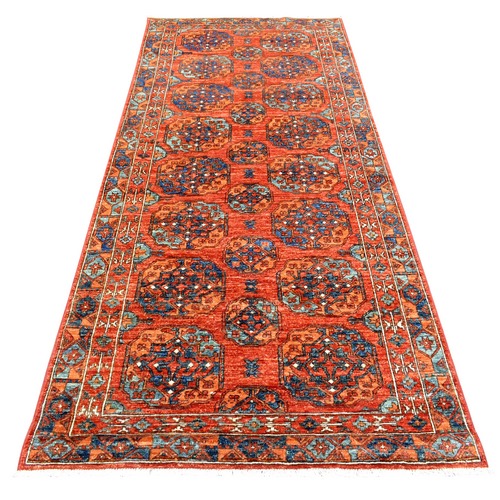 Prismatic Legacy Red, Natural Dyes Extra Soft Wool, Hand Knotted Afghan Ersari with Elephant Feet Design, Soft and Lush Pile, Wide Runner Oriental 