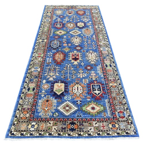 Bayern Blue, Soft and Lush Pile Vegetable Dyes, Shiny Wool Hand Knotted, Afghan Ersari with Geometric Gul Motifs, Wide Runner Oriental 