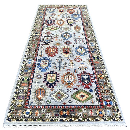 Silver Gray, Afghan Ersari with Geometric Gul Motifs, Soft and Lush Pile Natural Dyes, 100% Natural Wool Hand Knotted, Wide Runner Oriental 