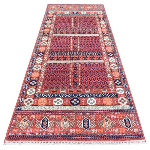 Prismatic Red, Hand Knotted Afghan Ersari with Hutchlu Design, Soft and Lush Pile Vegetable Dyes, Pure Wool, Wide Runner Oriental Rug