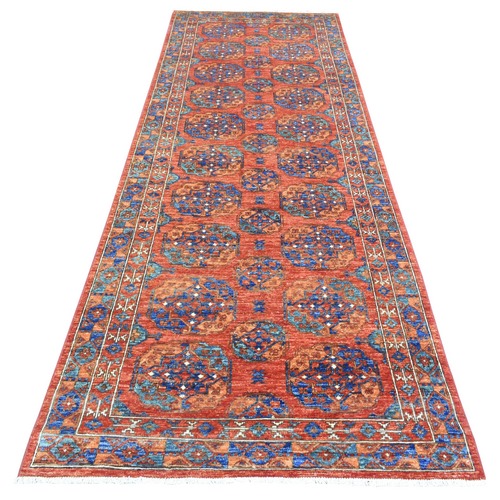 Prismatic Legacy Red, Vegetable Dyes Extra Soft Wool, Hand Knotted Afghan Ersari with Elephant Feet Design, Soft and Lush Pile, Wide Runner Oriental 