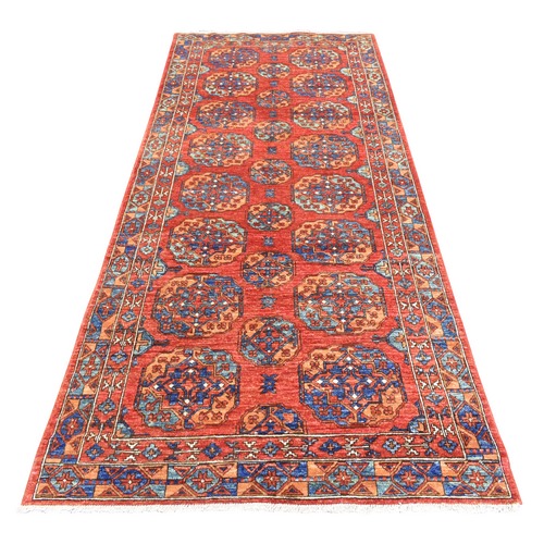 Prismatic Legacy Red, Hand Knotted Afghan Ersari with Elephant Feet Design, Soft and Lush Pile Vegetable Dyes, 100% Natural Wool, Wide Runner Oriental Rug