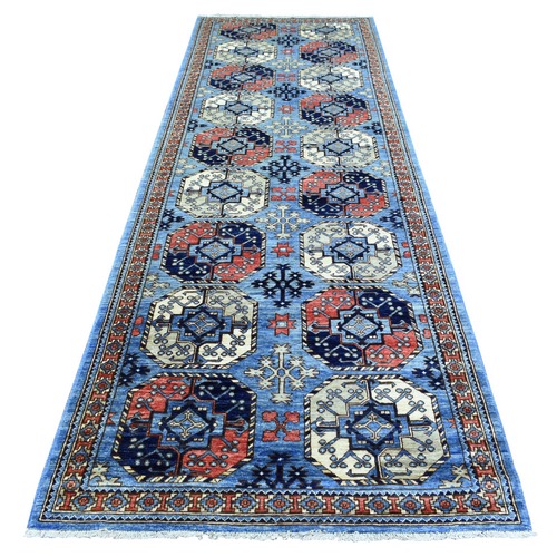 Argentina Blue, Pure Wool Hand Knotted, Afghan Ersari with Elephant Feet Design, Soft and Lush Pile Natural Dyes, Wide Runner Oriental 