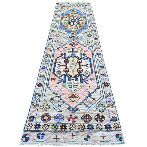 Eggshell Color, Anatolian Village Inspired with Large Elements Design Vegetable Dyes, Soft and Shiny Wool Pile Hand Knotted, Runner Oriental Rug