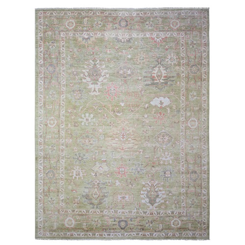Artichoke Green, Hand Knotted Afghan Angora Oushak with All Over Motifs, Natural Dyes Extra Soft Wool, Oriental Rug