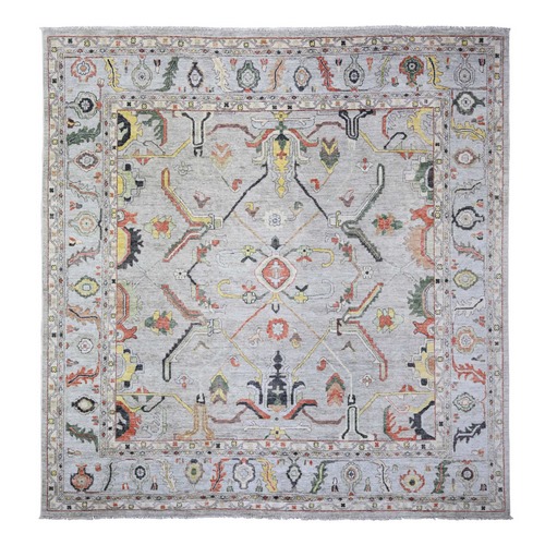 Goose Gray, Afghan Angora Oushak with All Over Colorful Pattern Vegetable Dyes, Organic Wool Hand Knotted, Square Oriental Rug