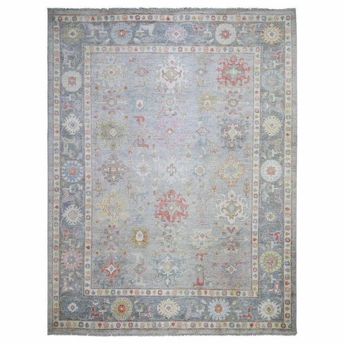 Goose Gray, Natural Dyes Natural Wool, Hand Knotted Afghan Angora Oushak with Colorful Motifs, Oriental Rug