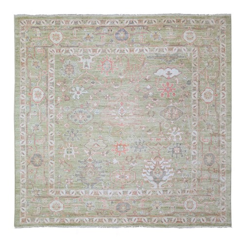 Artichoke Green, Afghan Angora Oushak with Soft Colors Vegetable Dyes, Extra Soft Wool Hand Knotted, Square Oriental 