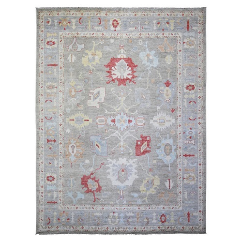 Cloud Gray, Hand Knotted Afghan Angora Oushak with Colorful Motifs, Vegetable Dyes Natural Wool, Oriental Rug